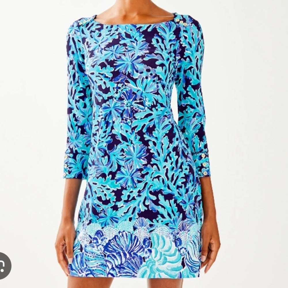 Lilly Pulitzer UPF 50+ Sophie Dress S Bright Navy In Too Deep Print 3/4 Sleeve